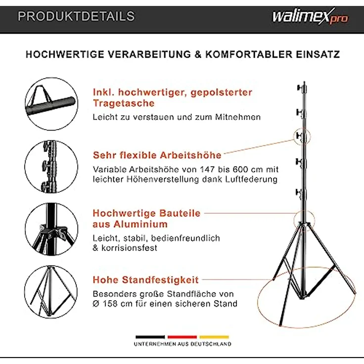 Walimex Pro Lampenstativ Jumbo AIR 600cm (Aluminium, Arbeitshöhe 150 bis 600 cm, 5 luftgefederte Segmente mit 45, 40, 36, 32, 28 mm Durchmesser, max. Belastbarkeit 22,5 kg, mit Tasche) - Preisvergleich – Bild 2