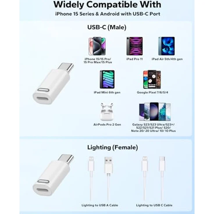 MoKo Lightning auf USB-C Adapter, 4 Stück, für iPhone 15/16/17 & iPad, Schnellladung 35W PD, weiß – Bild 5