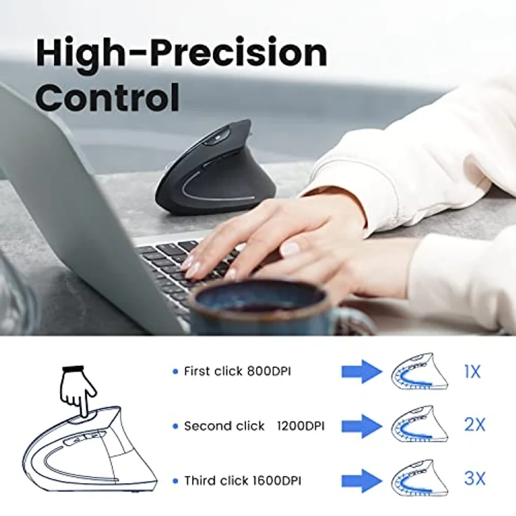Perixx PERIMICE-813B Vertikale Bluetooth-Maus, kabellose 3-in-1-Multi-Device-Technologie, Reisetaschengröße, Rechtshänder, Schwarz – Bild 5