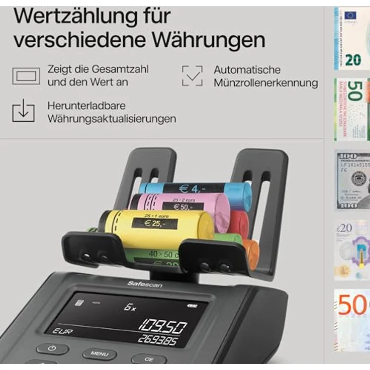 Safescan 6165 Geldzählmaschine, automatische Münzrollenerkennung und Wertzählung für Münzen und Banknoten, schnelle Bargeldverwaltung, Zukunftssicher – Bild 3