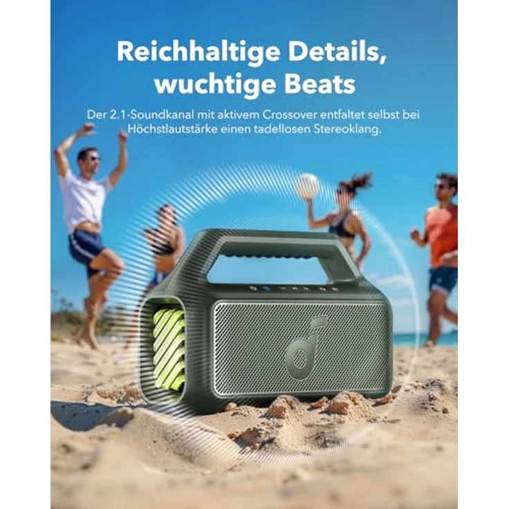 soundcore by Anker, Boom 2 Outdoor-Lautsprecher, 80W, Subwoofer, BassUp 2.0, 24h Akku, IPX7 Wasserdicht & Schwimmt, LED-Licht, USB-C, EQ, BT 5.3, Mobiler Bluetooth-Speaker, Camping, Strand, Garten, Grün – Bild 3