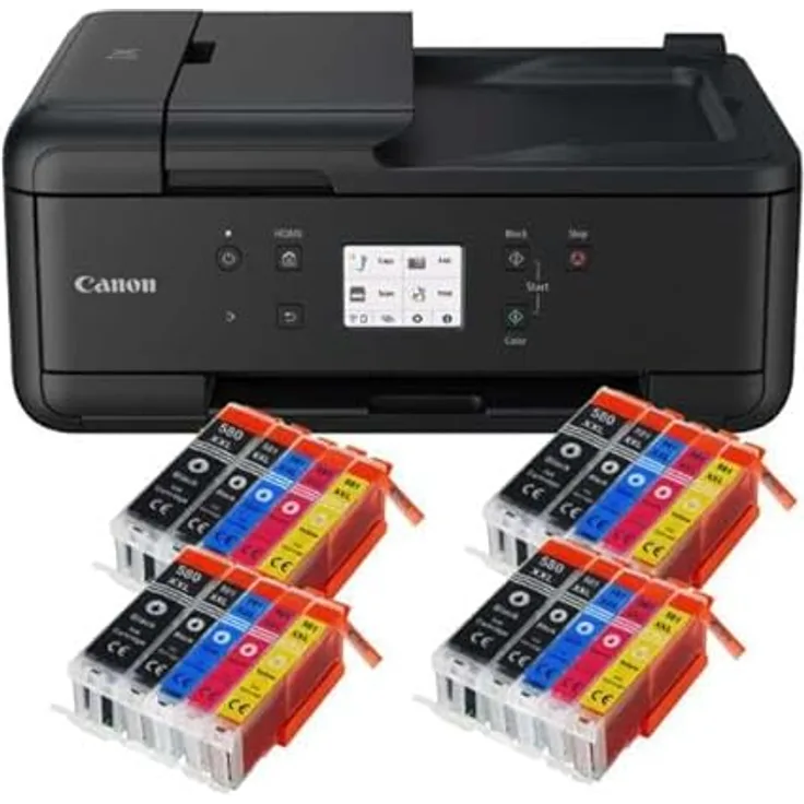 IC-Office TR7650 Farbtintenstrahl Multifunktionsdrucker 4-in-1 (Drucken, Kopieren, Scannen, Faxen, ADF, WLAN, AirPrint) schwarz + 20 XXL Tintenpatronen