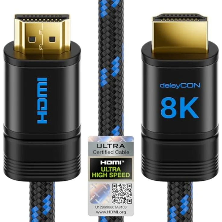 deleyCON 2m 8K HDMI 2.1b Kabel, ULTRA Highspeed (48G, zertifiziert) für 8K@60Hz, 4K@120Hz, eARC, Dolby Atmos, Schwarz – Bild 1