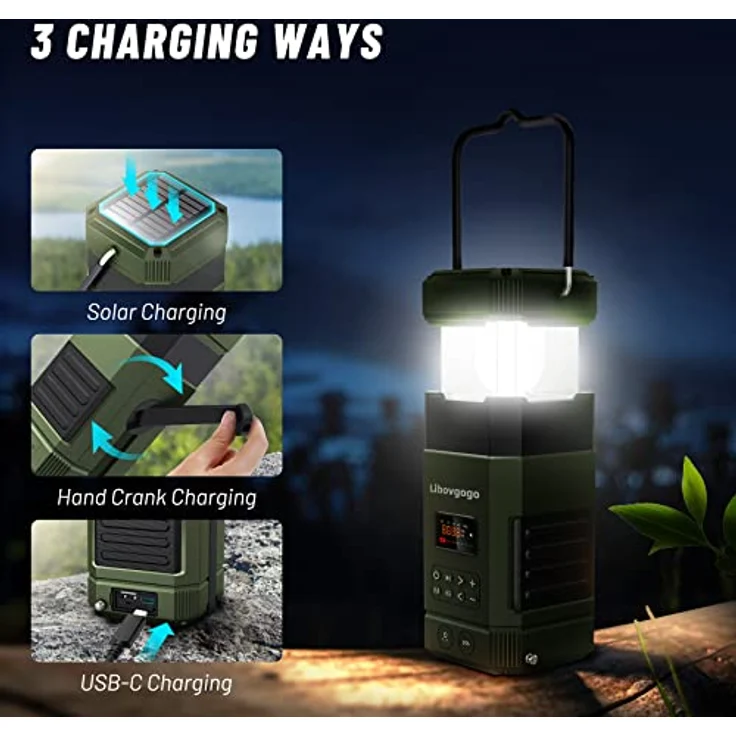 Libovgogo DF-585 AM UKW Kurbelradio, Bluetooth Lautsprecher, Solar Campinglampe, IP65 wasserdicht, 3 Lichtmodi, Handyladefunktion, Notfall-Taschenlampe, für Outdoor und Wohnmobilreisen – Bild 2