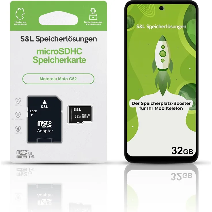 S&L microSD Speicherkarte für Motorola Moto G52, 32 GB, Class 10 U1, stoßsicher und wasserdicht