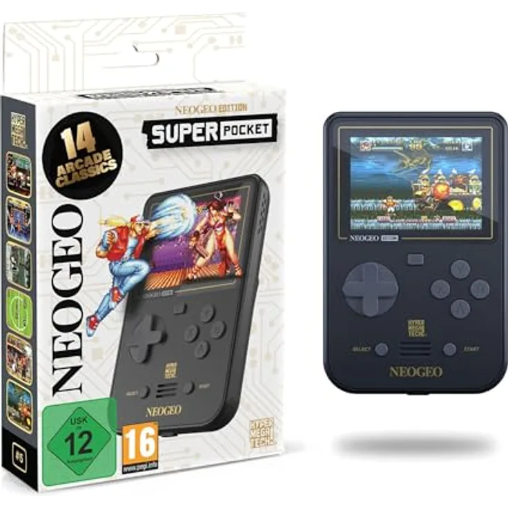 BLAZE EVERCADE NEO-GEO SUPER POCKET, Handheld-Konsole mit 18 vorinstallierten Arcade-Spielen, 2,8 Zoll IPS Display, USB-C-Laden, schwarz