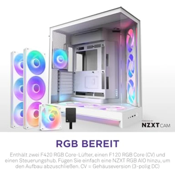 NZXT H9 Flow RGB+ (2025), ATX Mid-Tower PC-Gehäuse mit Dual-Kammer-Design, 7 RGB-Lüftern (6x 140mm, 1x 120mm), 420mm Radiatorunterstützung, Weiß – Bild 3
