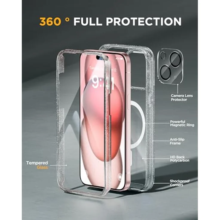 Miracase Schutzhülle für iPhone 15, MagSafe-kompatible, 360°-Hülle mit 9H gehärtetem Glas, Anti-Fingerabdruck-Schutz und Kameraobjektivschutz, klarer Glitzer – Bild 2