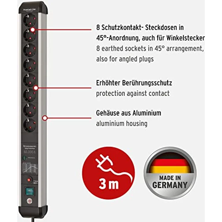 Brennenstuhl Premium-Protect-Line Steckdosenleiste 8-Fach mit Überspannungsschutz 60.000 A (Mehrfachsteckdose mit Schalter und 3m Kabel, Made in Germany) Silber/schwarz – Bild 2