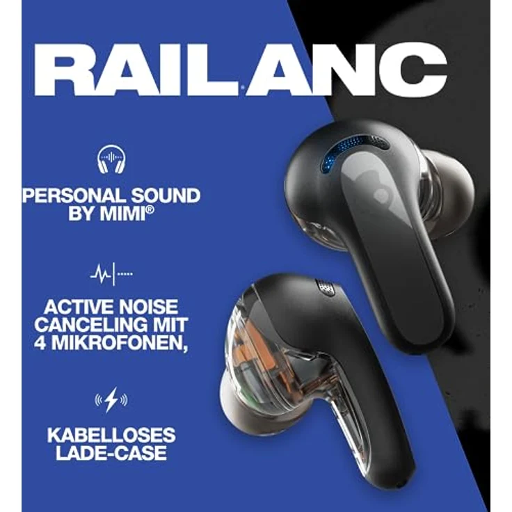 Skullcandy Rail ANC In-Ear Wireless-Kopfhörer mit Noise Cancelling, 27 Std. Akkulaufzeit, Mikro, kompatibel mit iPhone, Android und Bluetooth-Geräten - Schwarz – Bild 2