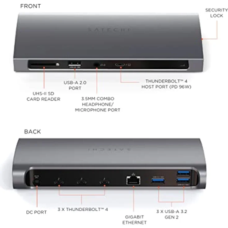 Satechi Thunderbolt 4 Dock – 11-in-1 – Thunderbolt 4 Host Port, 3 Thunderbolt 4 Downstream Ports, 3 USB-A 3.2 Ports, USB-A 2.0 Port, SD-Kartenleser, GbE, Audiobuchse – Kompatibel mit M2 & M1 MacBook – Bild 2