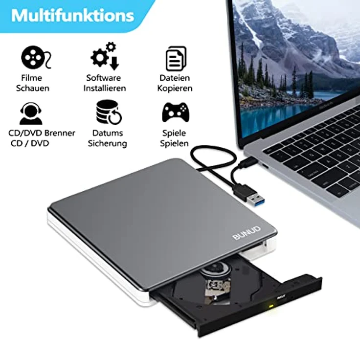 BUNUD Externes CD DVD Laufwerk USB 3.0 Type-C mit USB & SD/TF, Optical CD-ROM Brenner für Laptop Windows 11 10 Mac MacBook Air Pro Apple iMac PC – Bild 4