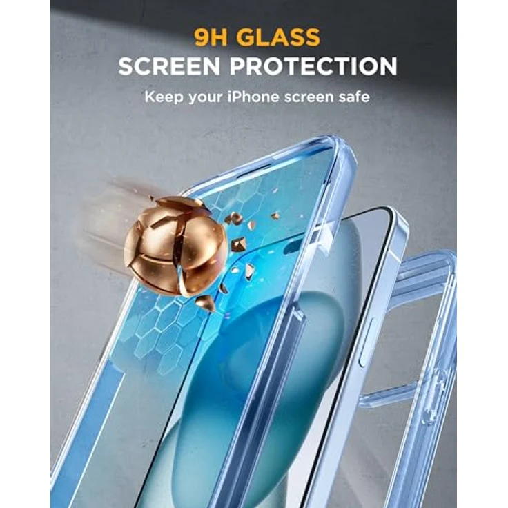 Miracase 360 Grad Hülle für iPhone 15 mit 9H Glas Displayschutz und Kameraschutz, stoßfest, klar blau – Bild 3