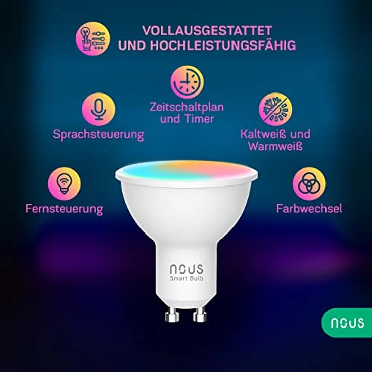 NOUS GU10 RGB LED Lampe, WLAN Glühbirne Alexa, Smart Light Bulb, App gesteuertes Licht, Glühbirne Farbwechsel, LED Glühbirne dimmbar, Smart Life/Tuya App, 2.4GHz WiFi – Bild 2