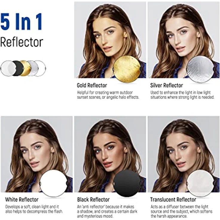 NEEWER 32"/80cm Lichtreflektor 5 in 1 mit Handgriff, Diffusor und reflektierenden Oberflächen in Durchscheinend/Silber/Gold/Weiß/Schwarz für Fotobeleuchtung und Außenbeleuchtung – Bild 2
