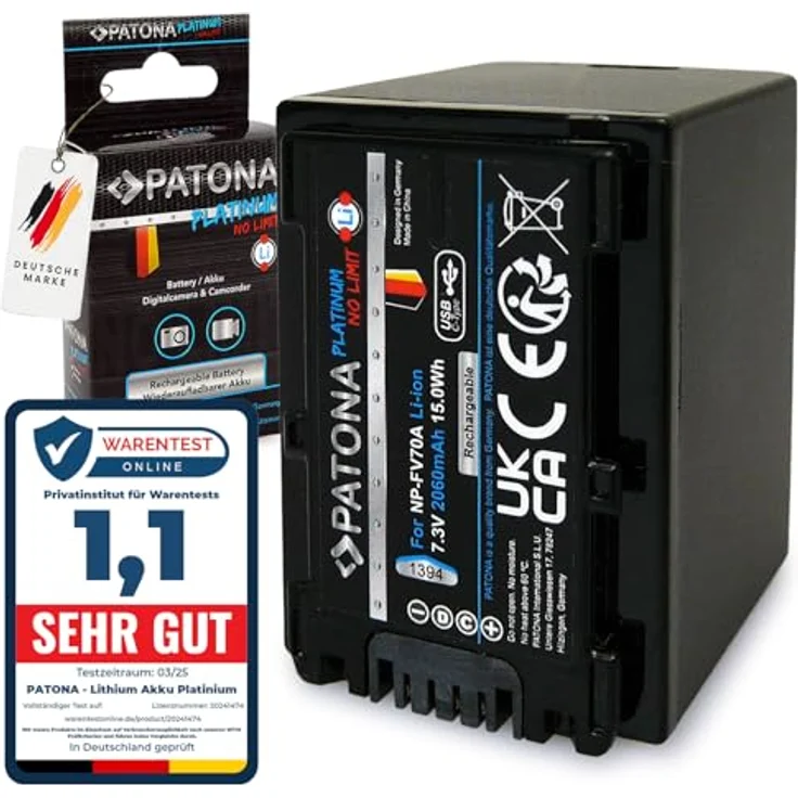 PATONA Platinum NP-FV70A NP-FV70 Akku 2060mAh mit USB-C Anschluss, kompatibel mit Sony NP-FV30/40/50A/70/90/100, hohe Zyklenfestigkeit – Bild 1