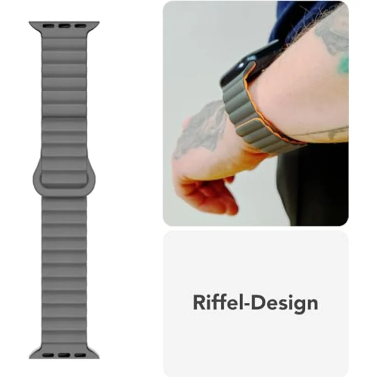 NALIA Core Magnet Armband für Apple Watch SE & iWatch Series 10-1, 38/40/41/42mm, Atmungsaktives Silikon Loop mit Rillendesign, Farbe: Finstergrau – Bild 4