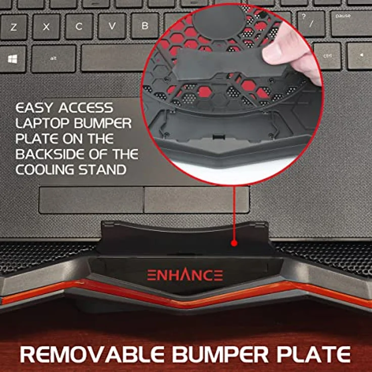 ENHANCE Cryogen 5 Laptop-Kühlpad-Ständer mit 7 Höhenoptionen, zwei USB-Anschlüssen, geeignet für Laptops bis 17 Zoll, 1 leiser 7-Zoll-Lüfter mit 800 U/min - Rot – Bild 5