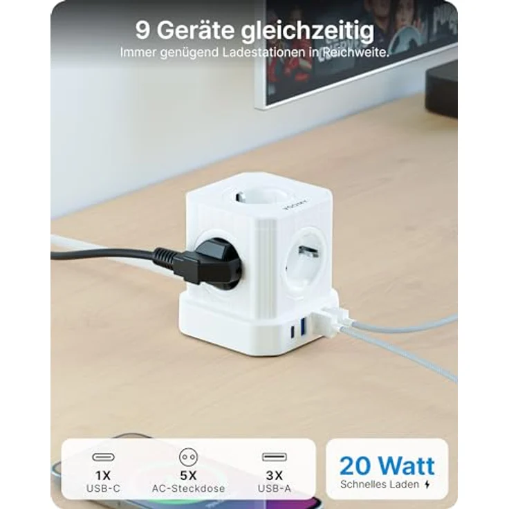 Voomy VOOMY 9-in-1 Steckdosenwürfel mit USB und Typ C, 5-Fach Steckdosenleiste, 3 USB-Anschlüsse, 4000W Mehrfachsteckdose mit Schalter, Überspannungsschutz, 2M Kabel, ideal für Büro und Werkstatt, Weiß – Bild 2