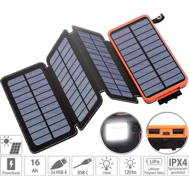 revolt Taschenlampe: Solar-Powerbank mit faltbarem 8-W-Solarpanel, LED-Lampe, 16 Ah, 2,1 A (Outdoor Powerbank, Spritzwassergeschützt, 120 Lumen) – Bild 2