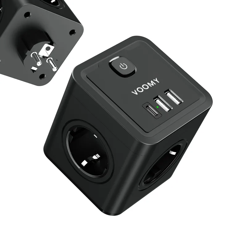 Voomy Split X4 2.0 Mehrfachsteckdose (Überspannungsschutz, 2 USB, 1 USB-C, Schalter) in Schwarz