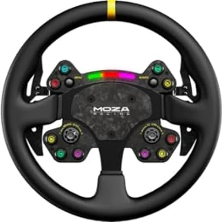 MOZA RACING RS V2, Rundes Gaming-Lenkrad (33 cm) aus Leder, schwarz, mit carbone Schaltwippen und RGB-Drehzahlanzeige