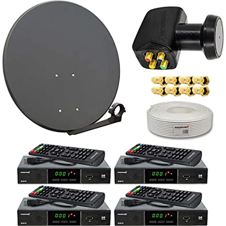 Premium X PXS60 Satelliten-Komplettanlage, 60 cm Antenne Anthrazit, Quad LNB für 4 Teilnehmer, inkl. 4x HD TV Receiver und 50m Antennenkabel – Bild 1
