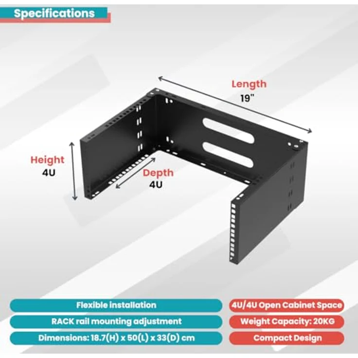 STALFLEX Wandhalterung Netzwerkschrank 19 Zoll 4U/4U 330mm, stabiles Stahl-Rack für Server und Netzwerkgeräte, einfache Montage – Bild 2