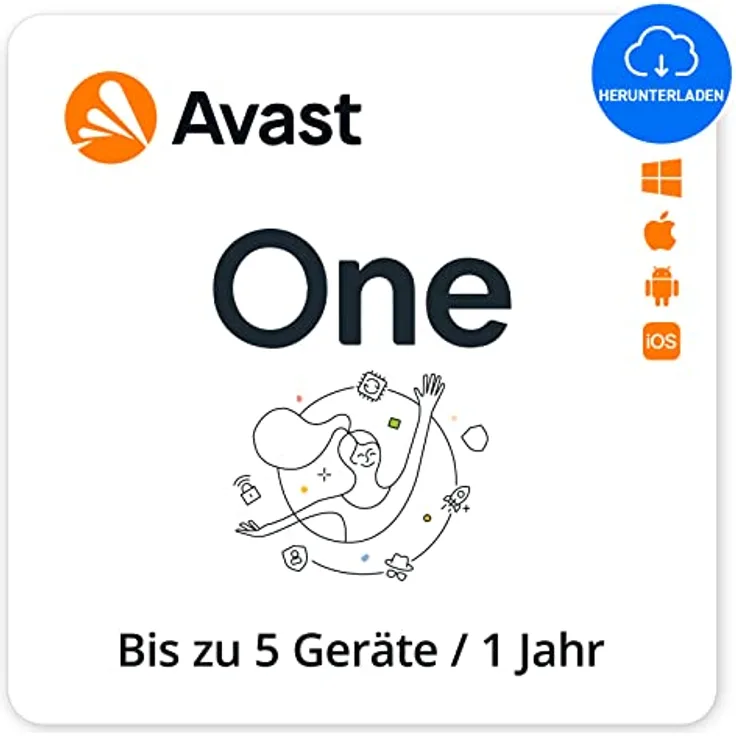 Avast One Gold - Virenschutz, VPN, Datenleck-Überwachung, Gerätebereinigung und mehr | 5 Gerät | 1 Jahr | PC/Mac | Aktivierungscode per Email