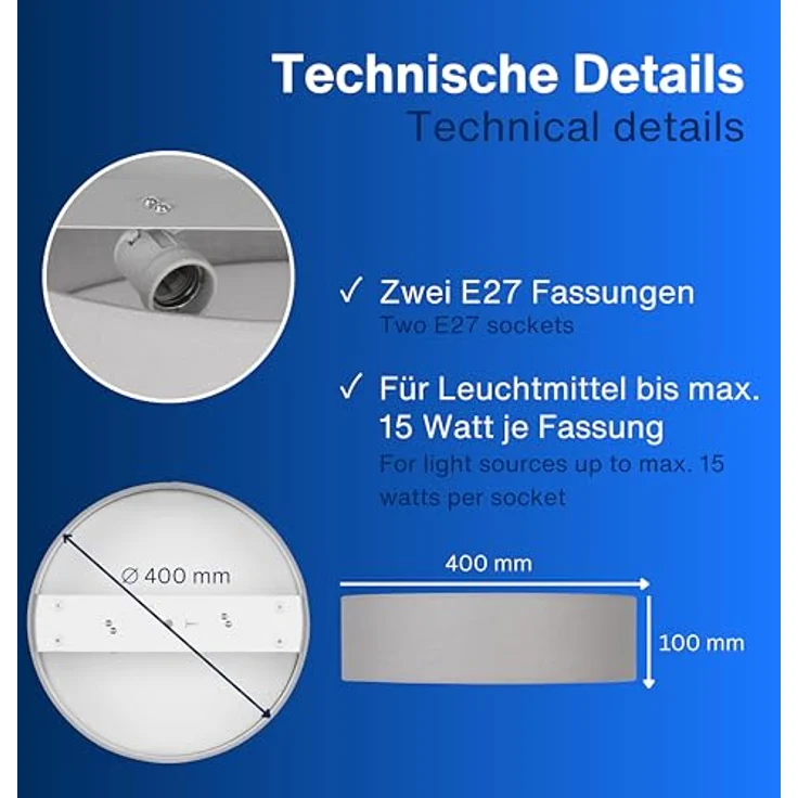 REV Deckenleuchte - Deckenlampe rund 40cm mit Stoff-Lampenschirm im Vintage-Look, grau - ideal für Schlafzimmer & Wohnzimmer – Bild 5