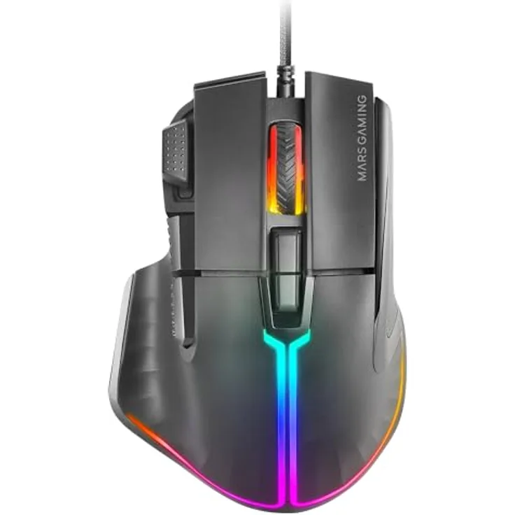 Mars Gaming MMXT RGB-Gaming-Maus mit Daumenauflage, 12800DPI Optischer Sensor, 9 Konfigurierbare Tasten, Huano Switches, Software-Steuerung, Schwarz