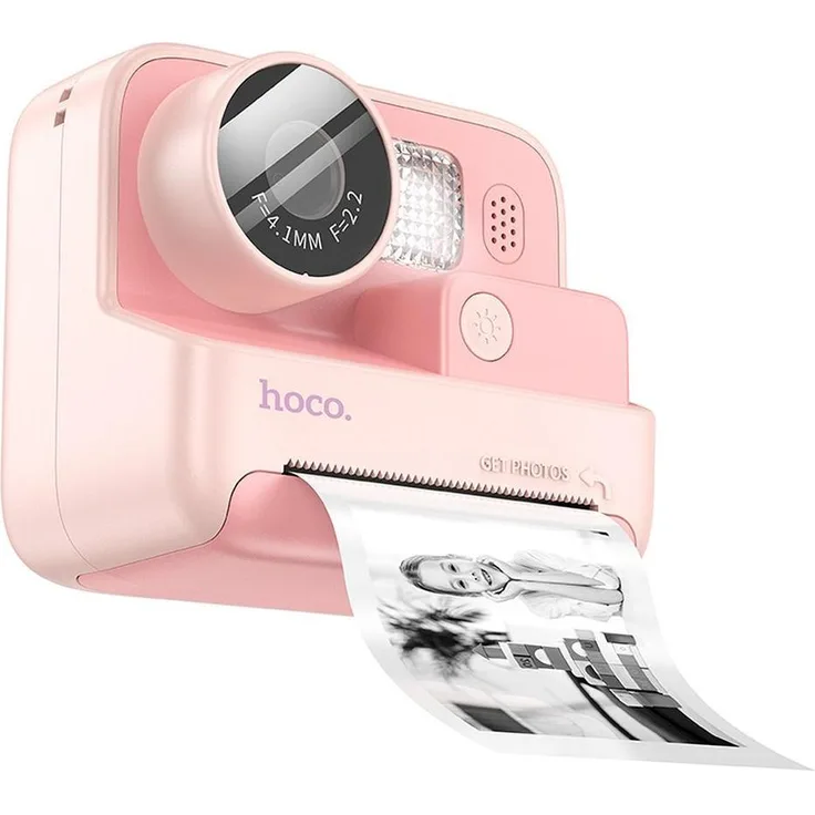 HOCO DV200 Kinderkamera mit Drucker, digitale Kompaktkamera in Rosa, Mikrofon, Akkubetrieb, erweitert durch microSD-Speicher