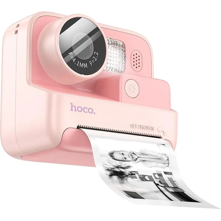HOCO DV200 Kinderkamera mit Drucker, digitale Kompaktkamera in Rosa, Mikrofon, Akkubetrieb, erweitert durch microSD-Speicher