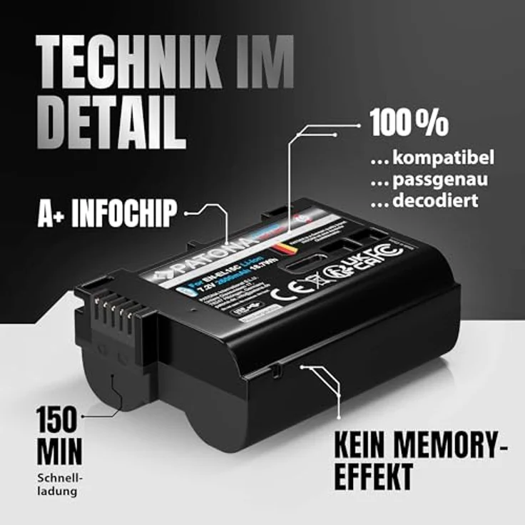 PATONA EN-EL15C Platinum Akku für Nikon, 2600mAh, USB-C, kompatibel mit Z6, Z6 II, Z7, D850, D7500, D500 und mehr – Bild 5