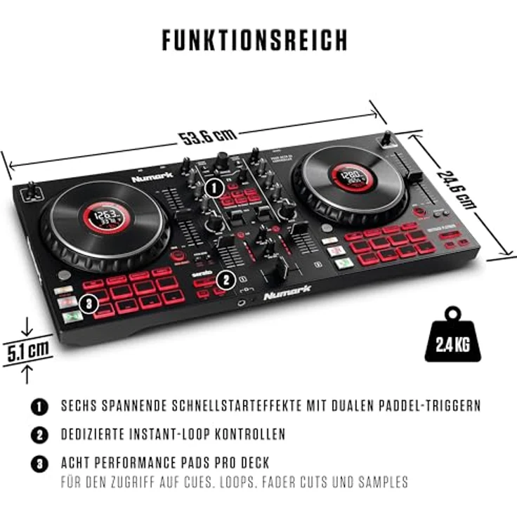 Numark Mixtrack Platinum FX - DJ-Controller für Serato DJ mit 4-Deck Kontrolle, DJ-Mixer, integriertem Audio Interface, Jogwheel-Displays und Effektpaddeln – Bild 6