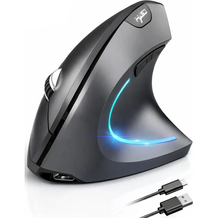 RUHE Ergonomische Vertikale Maus, Kabellos mit Bluetooth 5.1, 2400 DPI, Leise RGB-Hintergrundbeleuchtung, Schwarz/Grau, 6 Tasten