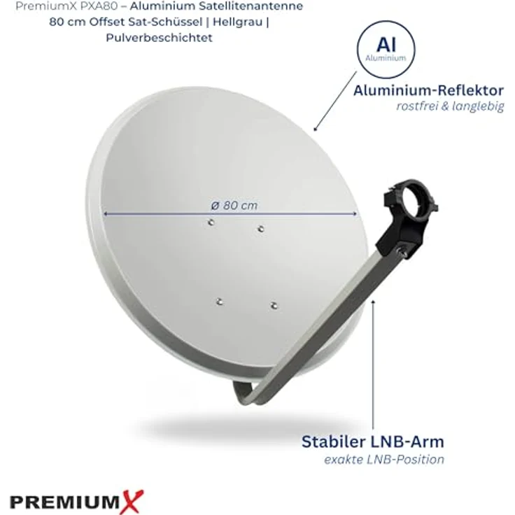 PremiumX Satelliten-Komplettanlage 80cm Aluminium Hellgrau, Twin LNB, Rauscharm, inkl. 4 F-Stecker, HD, 3DTV, 4K UltraHD, für bis zu 2 Teilnehmer – Bild 2