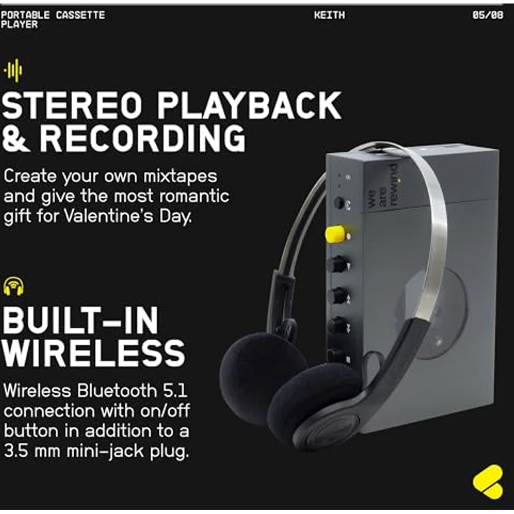 We Are Rewind Tragbarer Kassettenspieler mit Bluetooth, Keith - Bluetooth 5.1, Aluminiumgehäuse, 12-Stunden-Lithium-Batterie – Bild 5