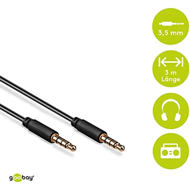 Goobay 63832 AUX-Kabel, Audiokabel, Verbinduskabel, Klinkenkabel, Klinke 3,5mm Stecker (4-Pin, Stereo) - Klinke 3, 5 mm Stecker (4-Pin, Stereo), 4-polig, 3Meter, schwarz – Bild 2