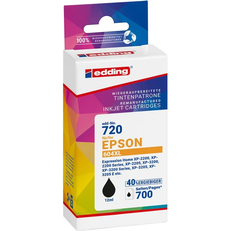 Epson Tintenpatrone EDD-720, kompatibel mit Epson 604XL, schwarz, ca. 700 Seiten, 12 ml