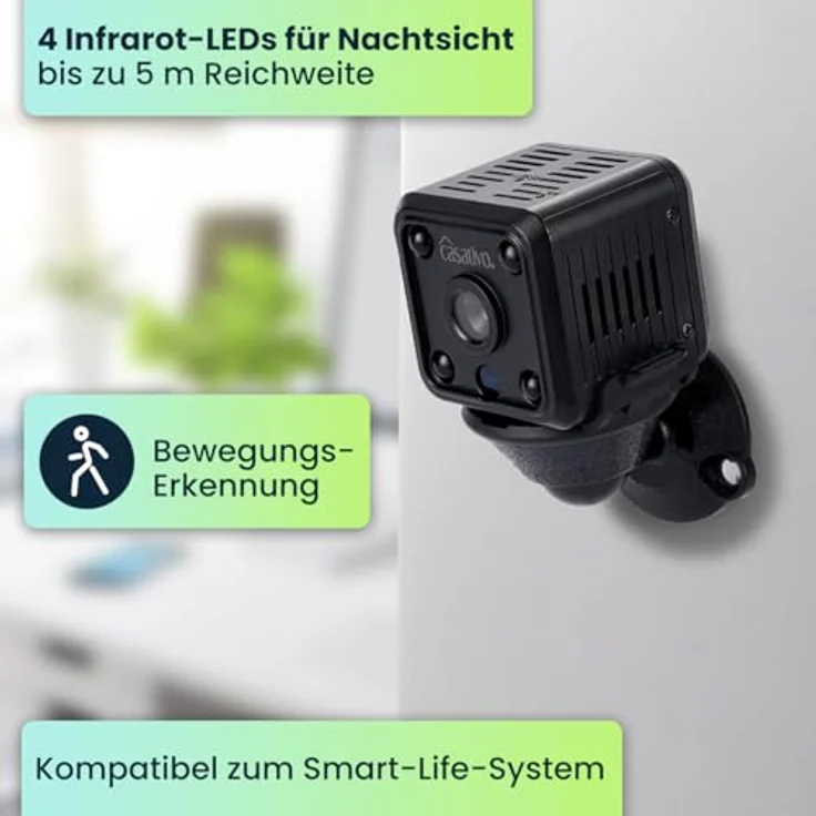 Casativo Micro-IP-Kamera, Akkubetrieb HD 720p, 120° Weitwinkel, Nachtsicht, WLAN, Schwarz – Bild 4