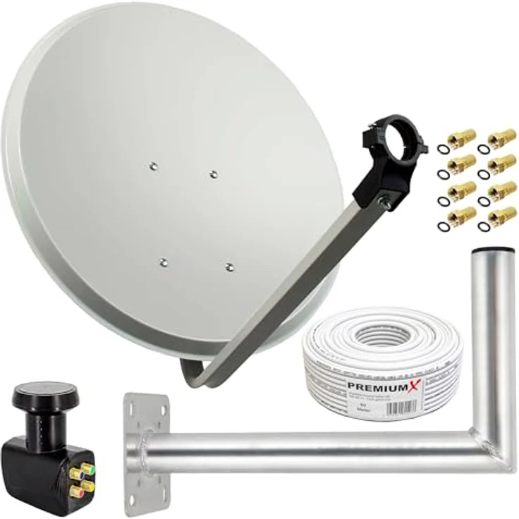 Premium X Satelliten-Komplettanlage 80cm, Aluminium Satellitenschüssel mit Quad LNB, FULLHD, 3DTV, UltraHD 4K/8K, inklusive 50m Kabel und 45cm Wandhalterung, bis 4 Teilnehmer – Bild 1