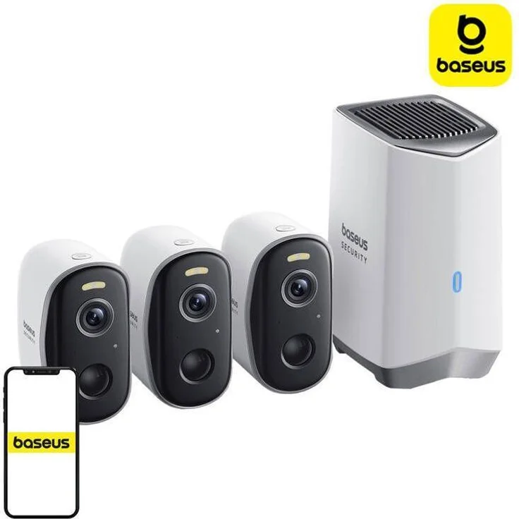 Baseus N1 3er Set, Netzwerkkamera mit 2K Auflösung, 145° Weitwinkel, Farbige Nachtsicht, weiss