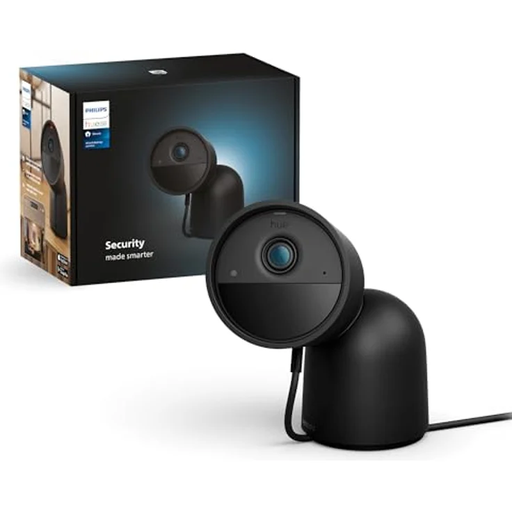 Philips Hue Secure kabelgebundene Smart Home Überwachungskamera mit Standfuß, Full HD Video, für drinnen oder draußen, einfach zu installieren, Smart Home Security und Lichtsteuerung per App, schwarz – Bild 1