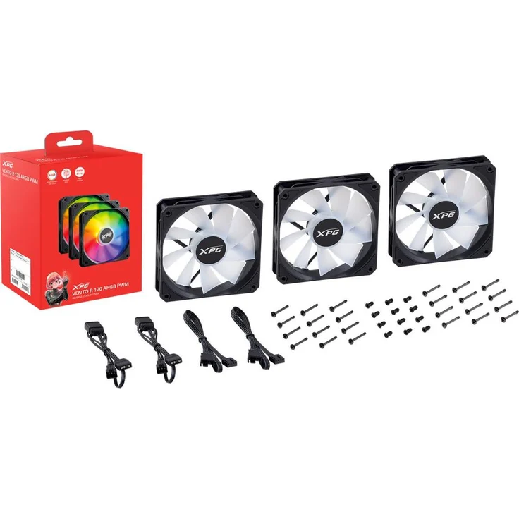 Adata XPG VENTO R 120 ARGB, 120 mm Gehäuselüfter mit PWM-Anschluss, 3er Pack, Schwarz, optimierte Kühlleistung und anpassbare Lichtsteuerung