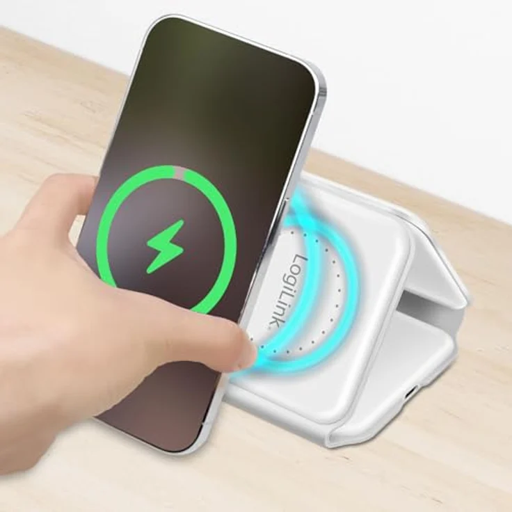 LogiLink PA0344 - Faltbare 3in1 Induktion Ladestation (kabellos) mit 15W, USB-C, für iPhone, Apple Watch und AirPods – Bild 4