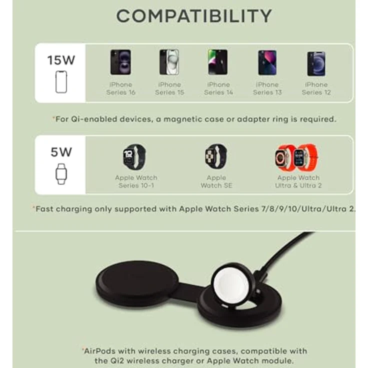 Satechi OntheGo 2-in-1 Wireless Charger, kompaktes Ladegerät mit Qi2 (15 W) für iPhone und Apple Watch, schwarz – Bild 9
