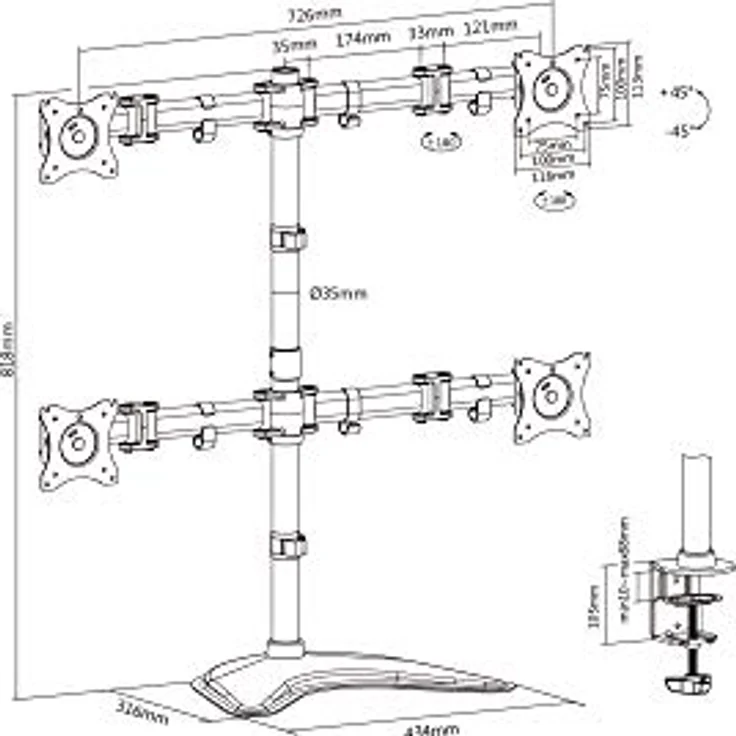 DIGITUS Monitor-Halterung - Standfuß - 4 Monitore - Bis 27 Zoll - Bis 4x 8 kg - VESA 75x75, 100x100 - Schwarz – Bild 3