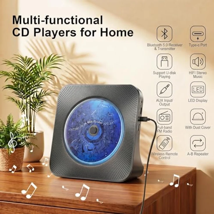 Gueray Multifunktionaler CD-Player mit Bluetooth 5.0 und Lautsprecher, FM-Radio, USB-Player, Schwarz – Bild 2