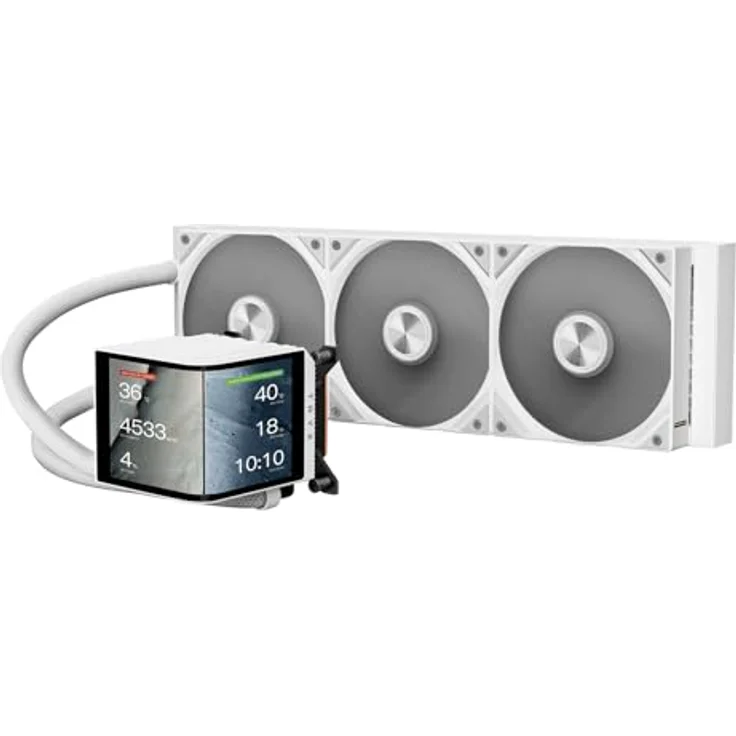 TRYX Panorama 360 ARGB, 360mm AIO Wasserkühlung mit 6,5'' AMOLED Curved Screen, 3D-Anamorphic-Effekt, 320 W TDP, magnetische Performance-Lüfter, für Intel- & AMD-CPUs, weiß – Bild 1